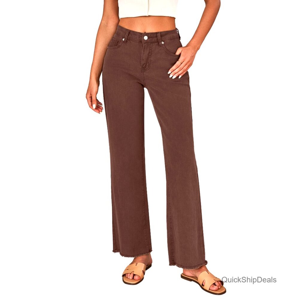 Wide Leg High Waist Stretchy Denim Jeans Straight Leg Frayed Hem